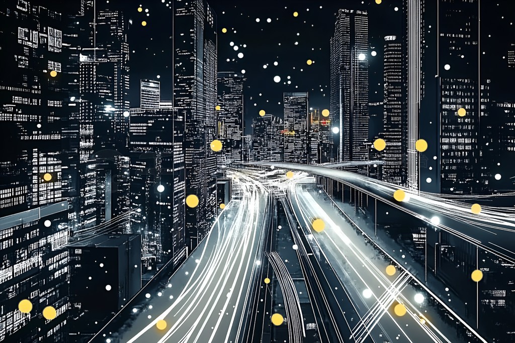 交通科技3D渲染现代都市夜景高楼大厦高速公路黄色光点插画